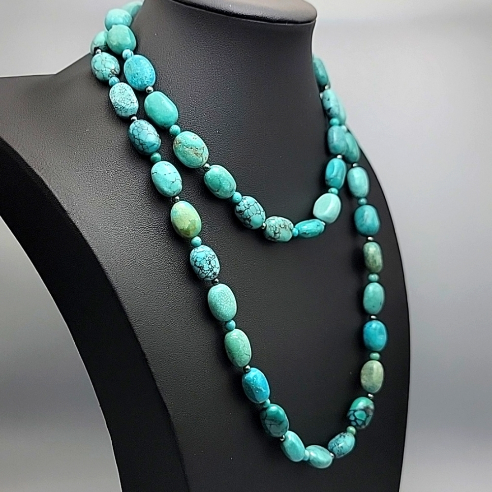 Genuine Turquoise 925 Sterling Silver Hematite Beaded Necklace 11x14mm Beads - Picture 3 of 11
